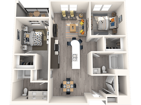 A 3D floor plan of a small apartment with a kitchen, living room, and bedroom.